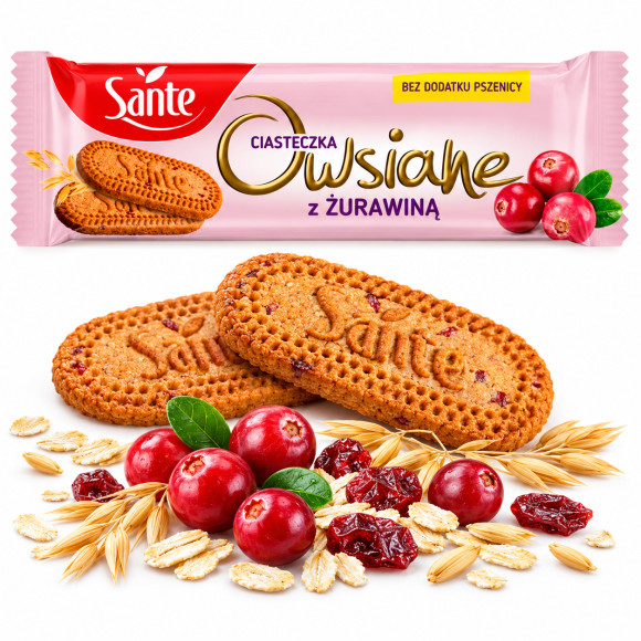 Sante CIASTECZKA OWSIANE Z ŻURAWINĄ 2 szt w opakowaniu 30g zdrowa przekąska