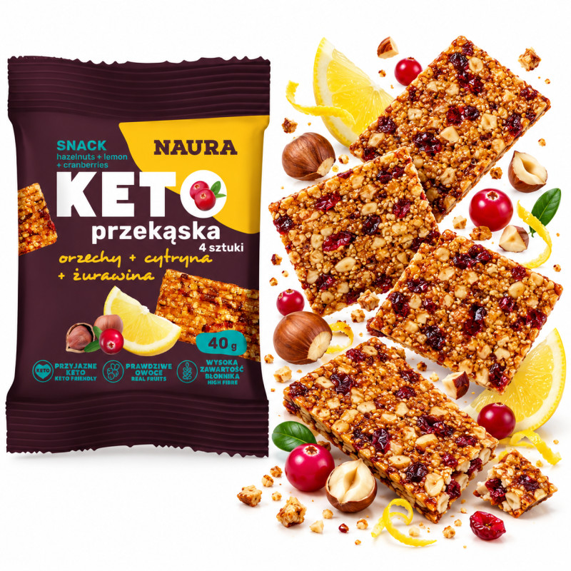 Naura KETO PRZEKĄSKA Z ORZECHAMI LASKOWYMI CYTRYNĄ I ŻURAWINĄ bez cukru 40g