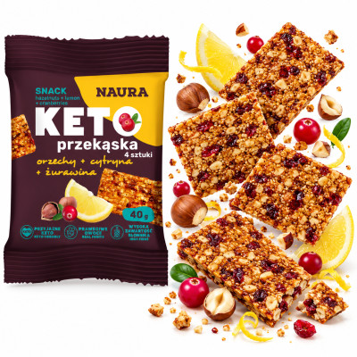 Naura KETO PRZEKĄSKA Z ORZECHAMI LASKOWYMI CYTRYNĄ I ŻURAWINĄ bez cukru 40g
