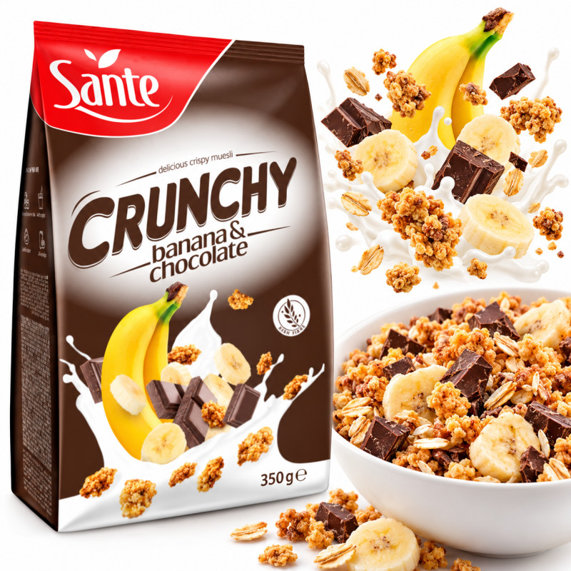 Sante CRUNCHY BANANOWE płatki owsiano kukurydziane banana & chocolate 350G