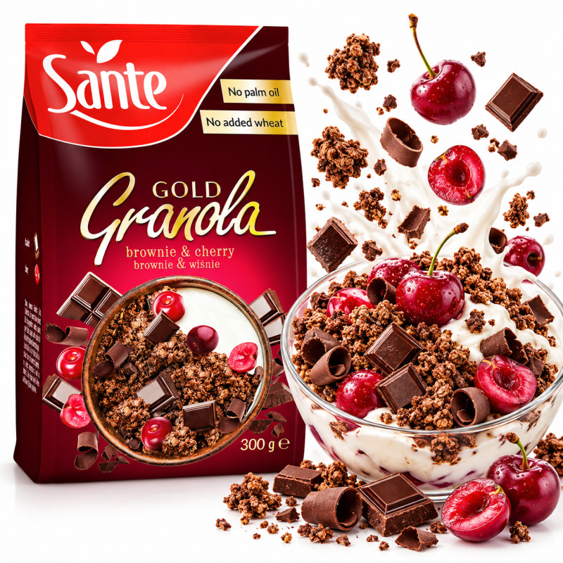 Sante GRANOLA GOLD BROWNIE WIŚNIA 300g źródło witamin i minerałów