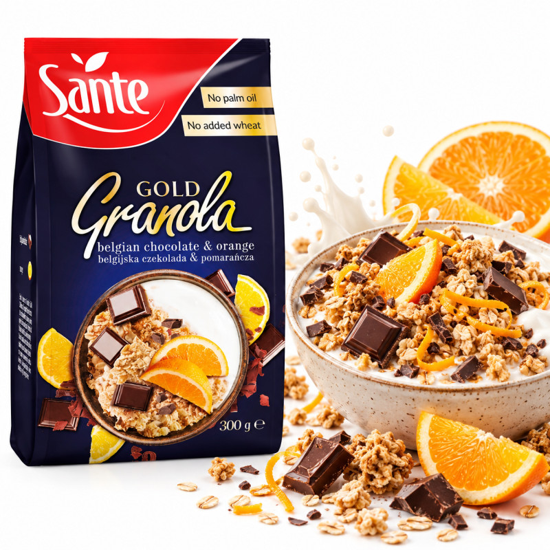 Sante GRANOLA GOLD BELGIJSKA CZEKOLADA I POMARAŃCZA 300g źródło witamin