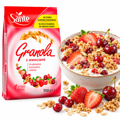 Sante GRANOLA Z OWOCAMI wiśnia truskawka żurawina 350g błonnik i witaminy
