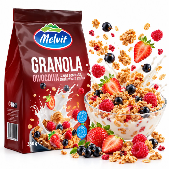 Melvit GRANOLA OWOCOWA 350g płatki śniadaniowe PORZECZKA TRUSKAWKA MALINA