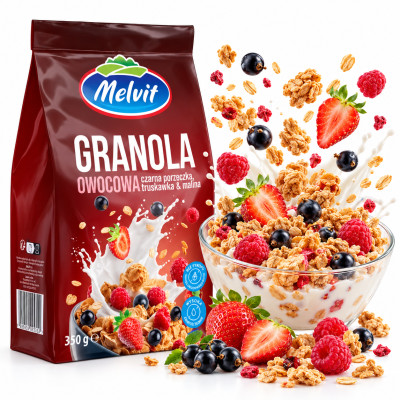 Melvit GRANOLA OWOCOWA 350g płatki śniadaniowe PORZECZKA TRUSKAWKA MALINA