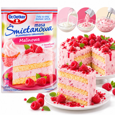Dr.Oetker MASA ŚMIETANOWA MALINOWA Z KAWAŁKAMI OWOCÓW 86g do ciast tortów