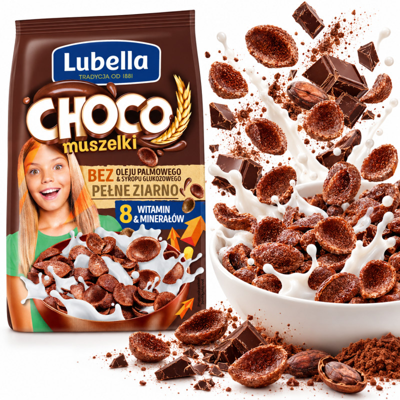 Lubella MLEKOŁAKI MUSZELKI CZEKOLADOWE płatki śniadaniowe 500G