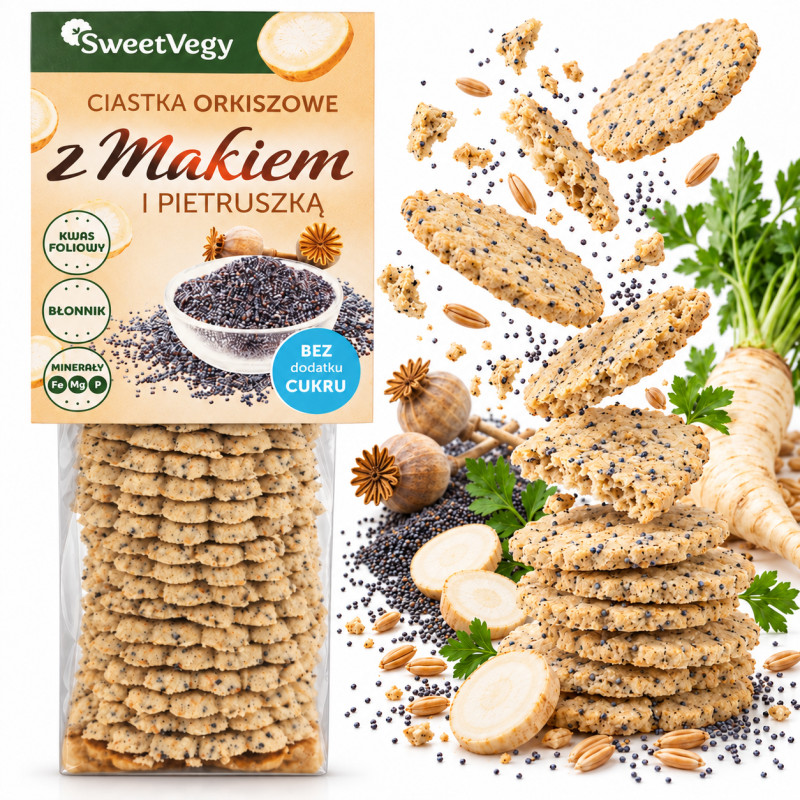 SweetVegy CIASTKA ORKISZOWE Z MAKIEM I PIETRUSZKĄ wegańskie BEZ CUKRU 100g