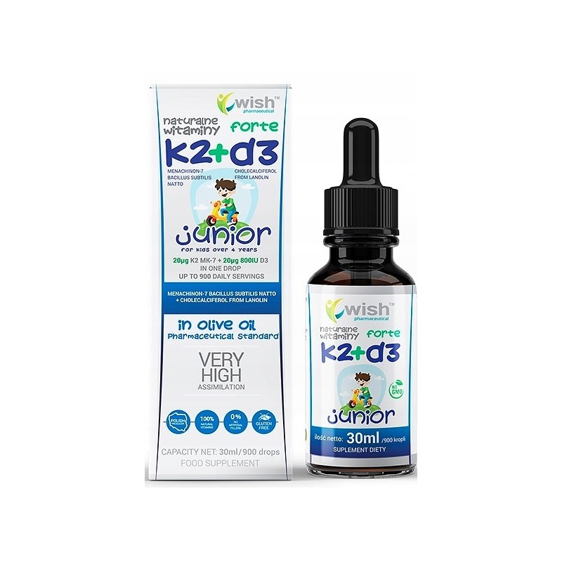 Wish WITAMINA K2+D3 FORTE JUNIOR K2 20µg + D3 800IU DLA