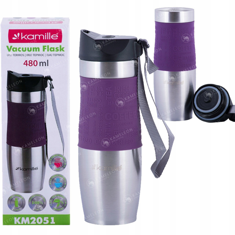 KUBEK TERMICZNY 480ml FIOLETOWY Kamille KM 2051 antypoślizgowa nakładka