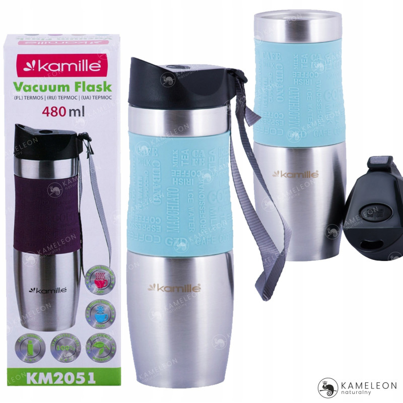 KUBEK TERMICZNY BIDON TERMOS + uchwyt 480ml NIEBIESKI Kamille KM 2051 stal