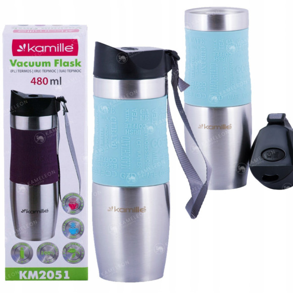 KUBEK TERMICZNY BIDON TERMOS + uchwyt 480ml NIEBIESKI Kamille KM 2051 stal KUBEK TERMICZNY BIDON TERMOS + uchwyt 480ml NIEBIESKI Kamille KM 2051 stal