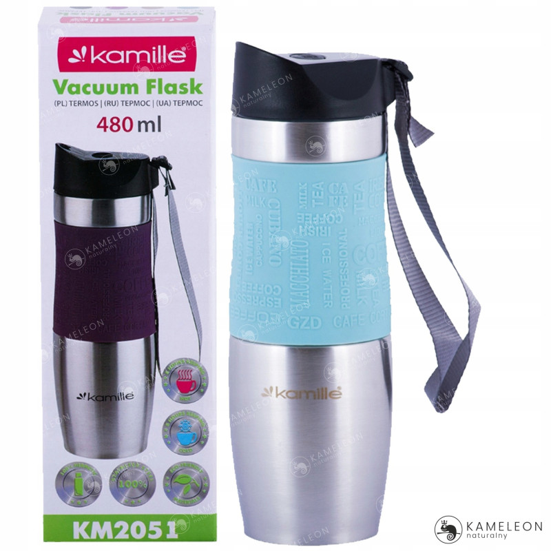 KUBEK TERMICZNY BIDON TERMOS + uchwyt 480ml NIEBIESKI Kamille KM 2051 stal