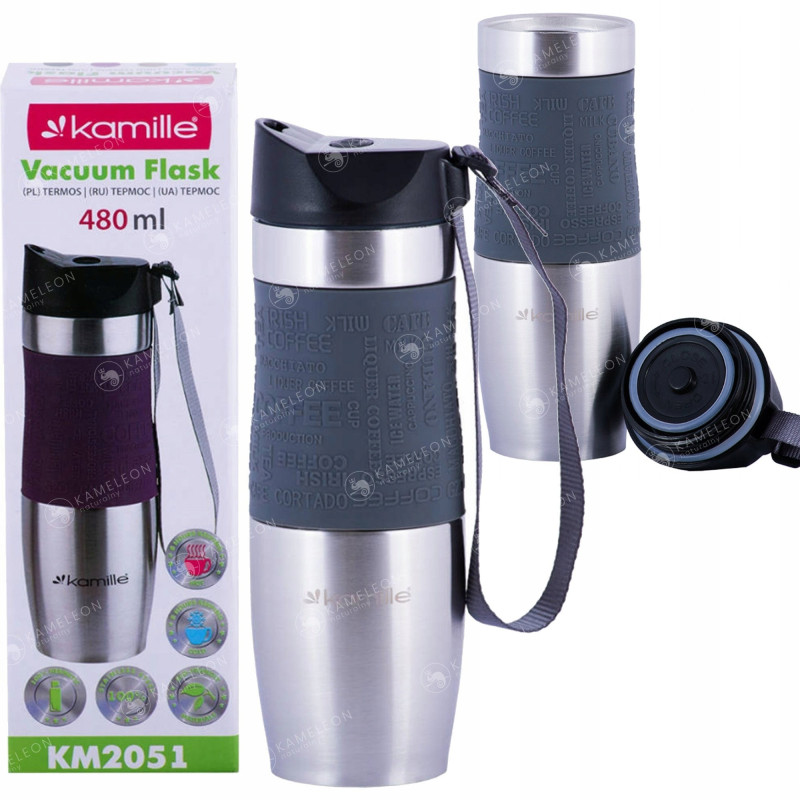 KUBEK TERMICZNY BIDON TERMOS 480ml SZARY Kamille KM2051 silikonowa nakładka