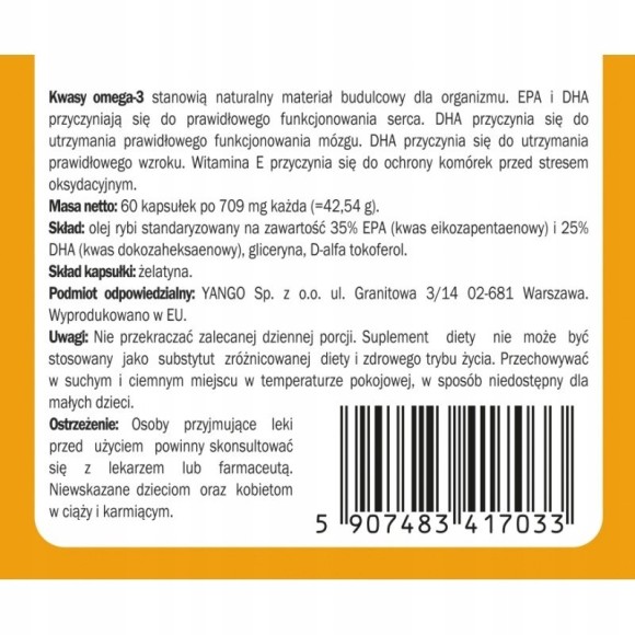 Yango OMEGA 3 KWASY TŁUSZCZOWE olej rybi OMEGA 3 709mg 60