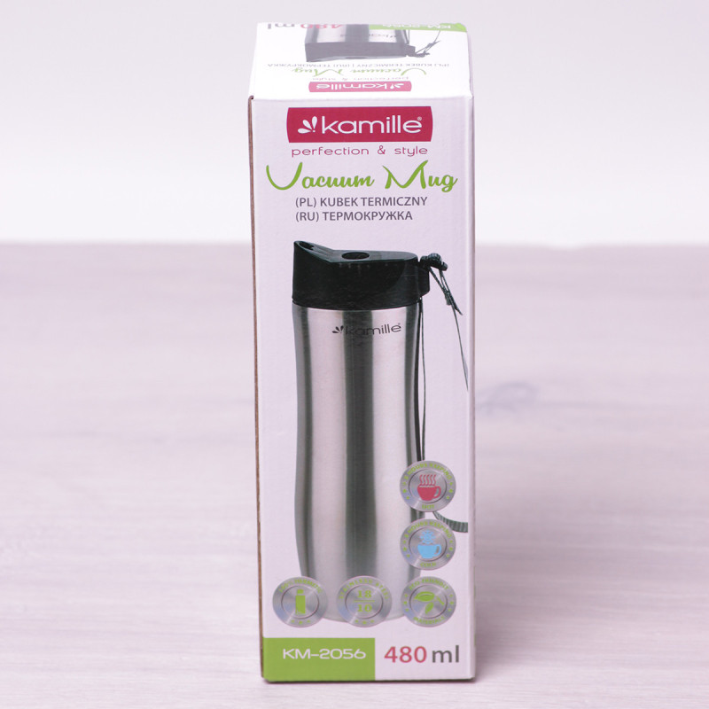 KUBEK TERMICZNY TERMOS BIDON 480ml SZARY STALOWY Kamille KM 2056 stal 18/10