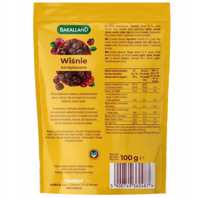 WIŚNIA KANDYZOWANA całe owoce 100g Wiśnie Kandyzowane