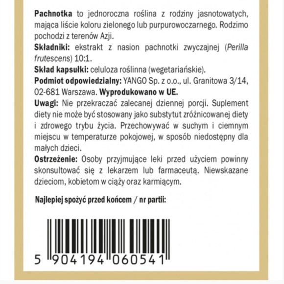 Yango PACHNOTKA ZWYCZAJNA 430mg ekstrakt 90kaps wsparcie