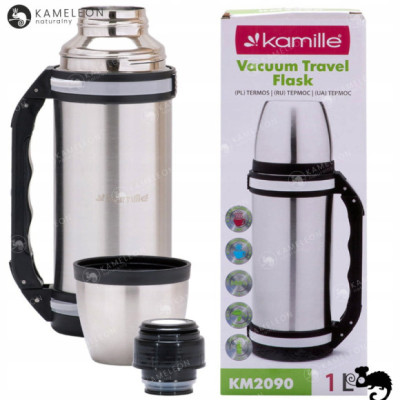 TERMOS PRÓŻNIOWY ZE STALI NIERDZEWNEJ Z UCHWYTEM inox 1000ML 1L + KUBEK