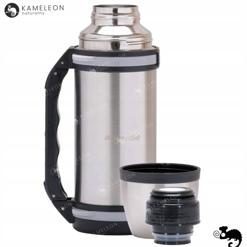 TERMOS PRÓŻNIOWY ZE STALI NIERDZEWNEJ Z UCHWYTEM inox 1000ML 1L + KUBEK