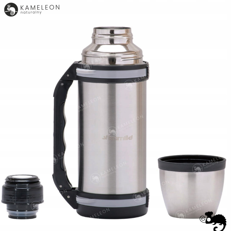 TERMOS PRÓŻNIOWY ZE STALI NIERDZEWNEJ Z UCHWYTEM inox 1000ML 1L + KUBEK