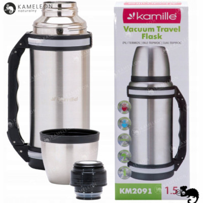 TERMOS PRÓŻNIOWY ZE STALI NIERDZEWNEJ Z UCHWYTEM inox 1500ML 1,5L + KUBEK