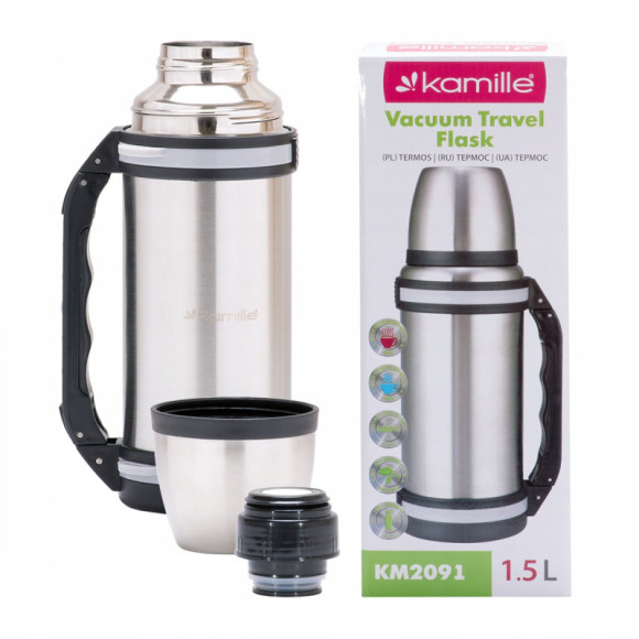 TERMOS PRÓŻNIOWY ZE STALI NIERDZEWNEJ Z UCHWYTEM inox 1500ML 1,5L + KUBEK TERMOS PRÓŻNIOWY ZE STALI NIERDZEWNEJ Z UCHWYTEM inox 1500ML 1,5L + KUBEK