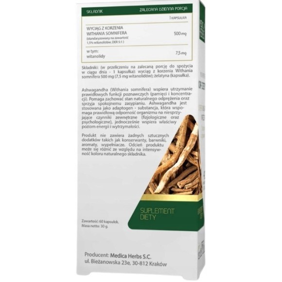 Medica Herbs ASHWAGANDHA 500mg 60kps wsparcie PAMIĘĆ
