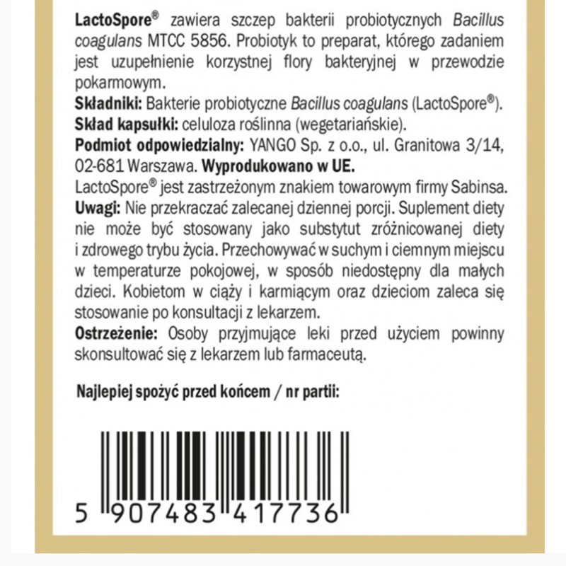 Yango PROBIOTYK BC-12 Bakterie Bacillus Coagulans 30ks