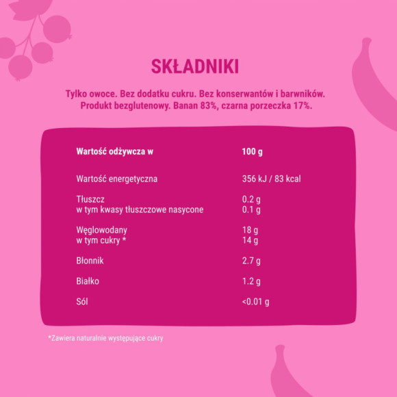 BOBSNAIL ŚLIMAK MUS OWOCOWY bez CUKRU smoothie BANAN czarna PORZECZKA 120G
