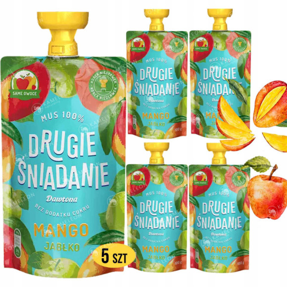 Dawtona DRUGIE ŚNIADANIE MUS 100% OWOCÓW MANGO JABŁKO bez cukru 5 x 100G Dawtona DRUGIE ŚNIADANIE MUS 100% OWOCÓW MANGO JABŁKO bez cukru 5 x 100G