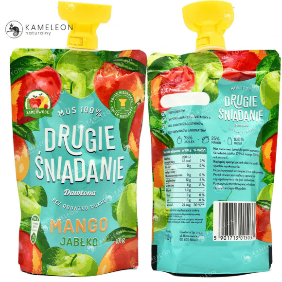 Dawtona DRUGIE ŚNIADANIE MUS 100% OWOCÓW MANGO JABŁKO bez cukru 5 x 100G Dawtona DRUGIE ŚNIADANIE MUS 100% OWOCÓW MANGO JABŁKO bez cukru 5 x 100G