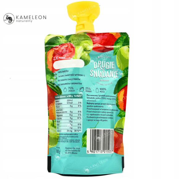 Dawtona DRUGIE ŚNIADANIE MUS 100% OWOCÓW MANGO JABŁKO bez cukru 5 x 100G Dawtona DRUGIE ŚNIADANIE MUS 100% OWOCÓW MANGO JABŁKO bez cukru 5 x 100G