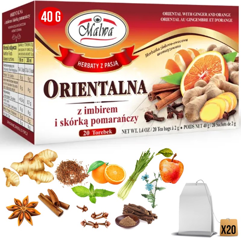 Malwa HERBATA ORIENTALNA imbir + skórka pomarańczy 20