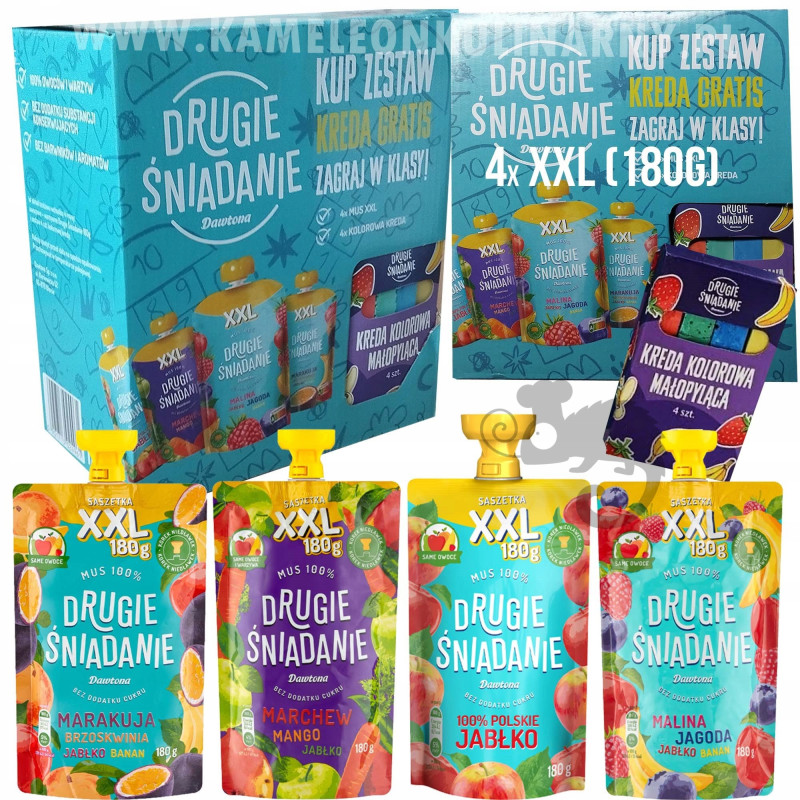 DAWTONA DRUGIE ŚNIADANIE MUS OWOCOWY 180g x4 szt MIX SMAKÓW + KREDA gratis
