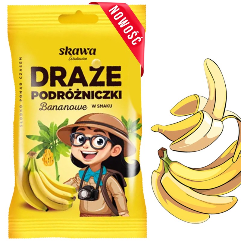 Skawa DRAŻE PODRÓŻNICZKI BANANOWE BANAN kulki cukierki 70g