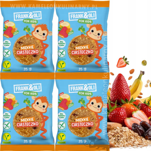 FRANK&OLI KIDS MIĘKKIE CIASTECZKO BANAN TRUSKAWKA bez cukru glutenu 35G x4 FRANK&OLI KIDS MIĘKKIE CIASTECZKO BANAN TRUSKAWKA bez cukru glutenu 35G x4