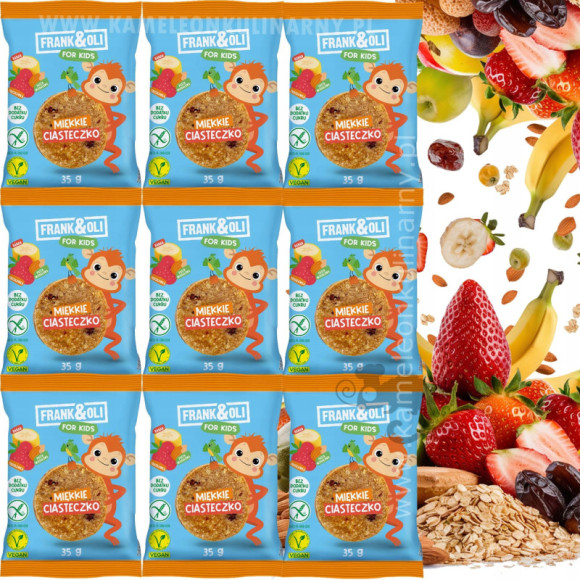 FRANK&OLI KIDS MIĘKKIE CIASTECZKO BANAN TRUSKAWKA bez cukru glutenu 35G x9 FRANK&OLI KIDS MIĘKKIE CIASTECZKO BANAN TRUSKAWKA bez cukru glutenu 35G x9