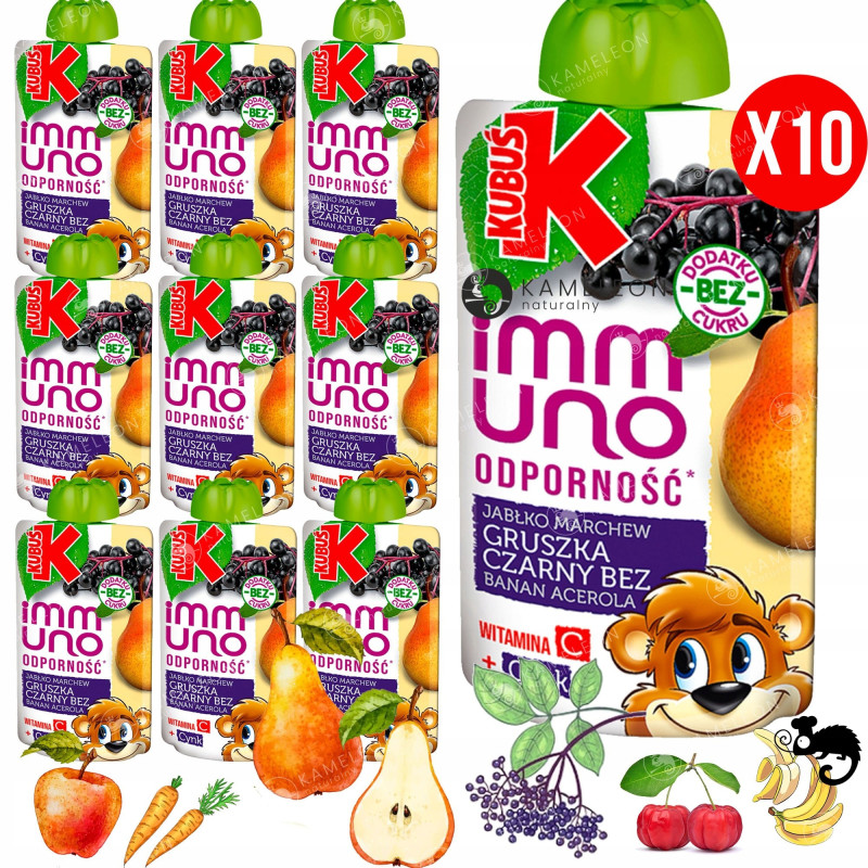 KUBUŚ IMMUNO mus BEZ CUKRU ODPORNOŚĆ GRUSZKA CZARNY BEZ JABŁKO 100g x10 1KG