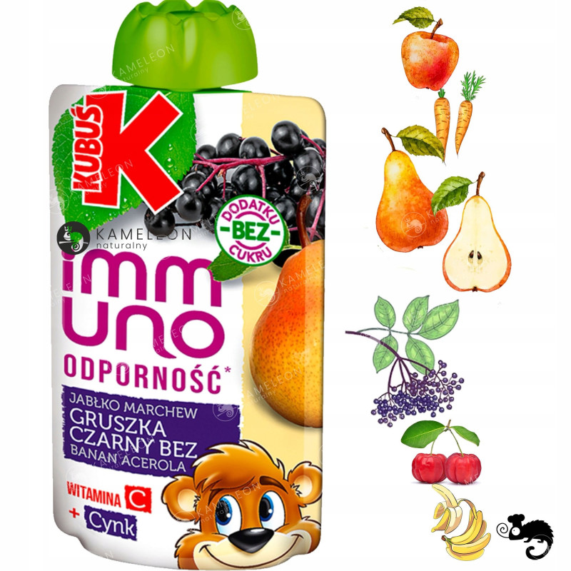 KUBUŚ IMMUNO mus BEZ CUKRU ODPORNOŚĆ GRUSZKA CZARNY BEZ JABŁKO 100g x10 1KG