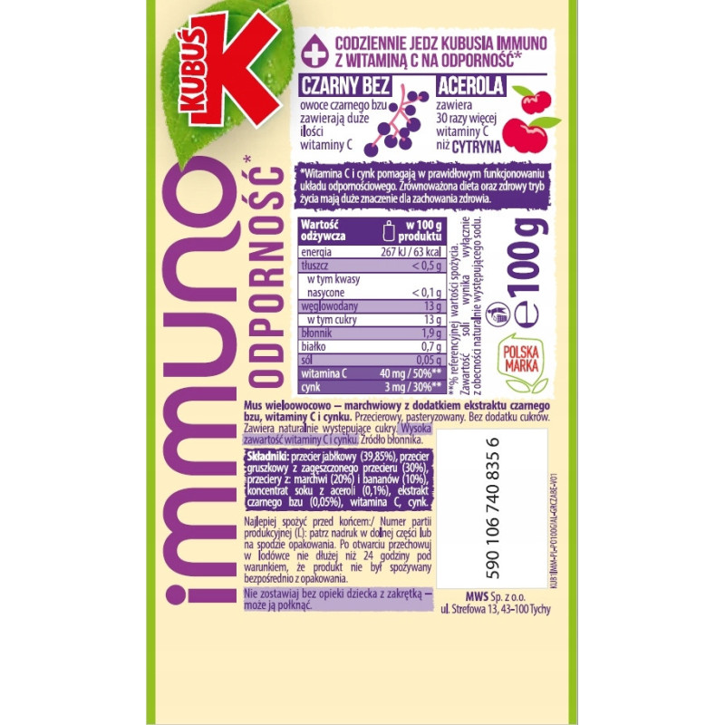 KUBUŚ IMMUNO mus BEZ CUKRU ODPORNOŚĆ GRUSZKA CZARNY BEZ JABŁKO 100g x10 1KG