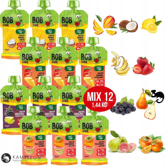 ŚLIMAK BOB SNAIL MUS OWOCOWY SMOOTHIE MIX smaków tubka 120G x12 1,44KG ŚLIMAK BOB SNAIL MUS OWOCOWY SMOOTHIE MIX smaków tubka 120G x12 1,44KG