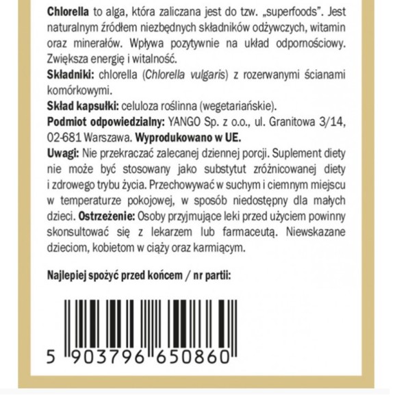 Yango CHLORELLA przerwane ściany komórkowe wsparcie