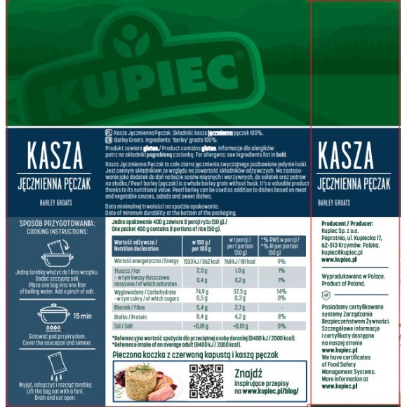 Kupiec KASZA JĘCZMIENNA PĘCZAK 4x100g 400g 0,4KG gotowe w