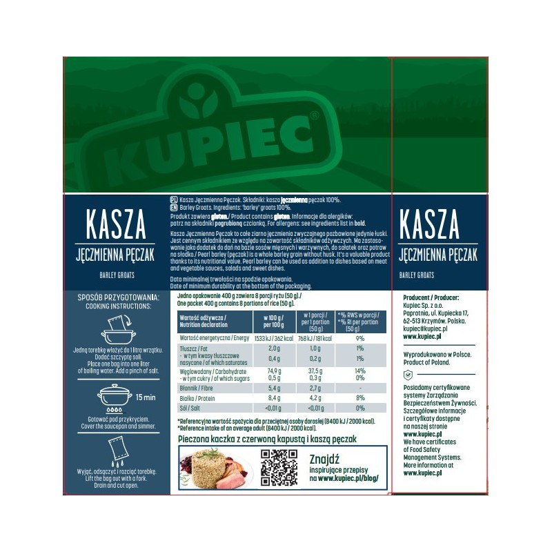 Kupiec KASZA JĘCZMIENNA PĘCZAK 4x100g 400g 0,4KG gotowe w