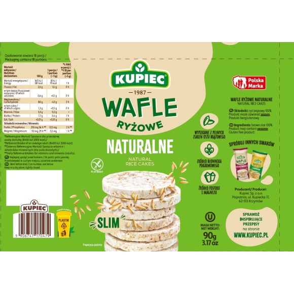 Kuiec WAFLE RYŻOWE NATURALNE KUPIEC SLIM bezglutenowe