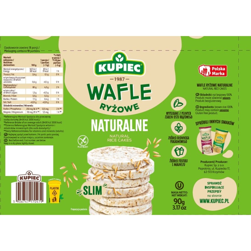 Kuiec WAFLE RYŻOWE NATURALNE KUPIEC SLIM bezglutenowe