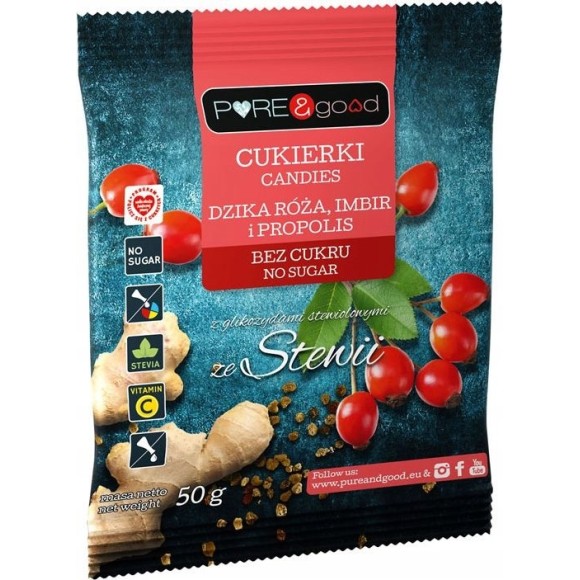Pure&Good CUKIERKI DZIKA RÓŻA IMBIR I PROPOLIS ze stewią