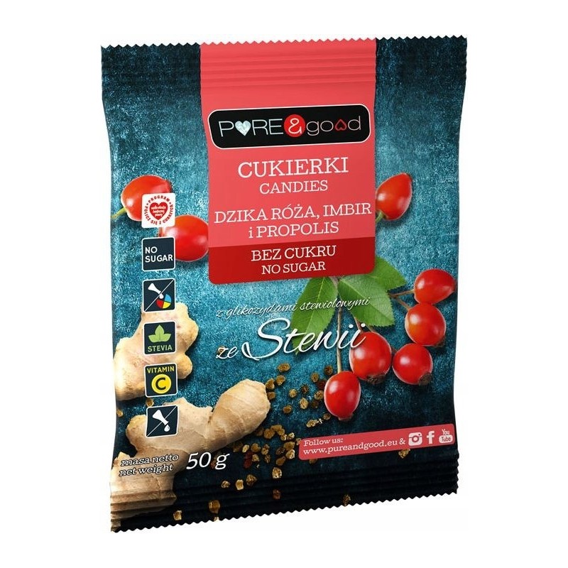 Pure&Good CUKIERKI DZIKA RÓŻA IMBIR I PROPOLIS ze stewią