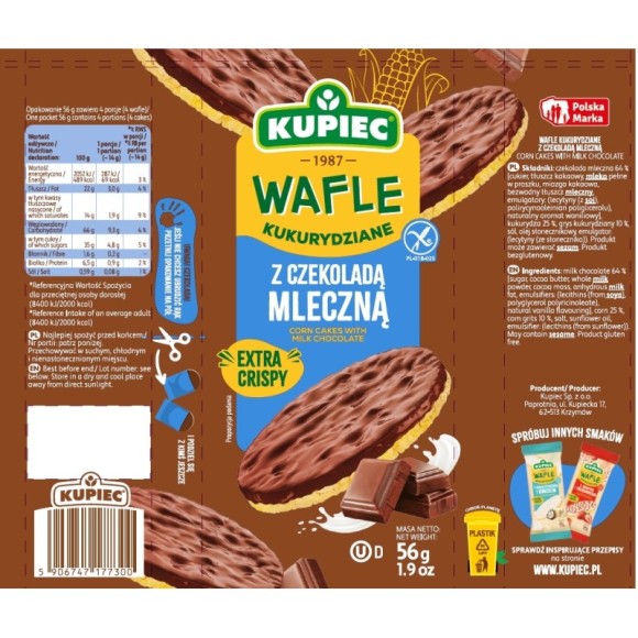 WAFLE KUPIEC KUKURYDZIANE Z CZEKOLADĄ MLECZNĄ 56G